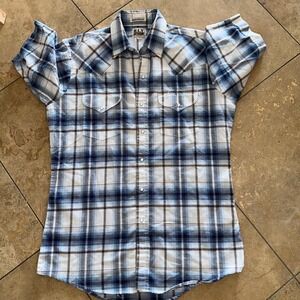 ELY CATTLEMAN Men's Blue Plaid pearl Snap Button Shirt Size M Wrinkle Resistant